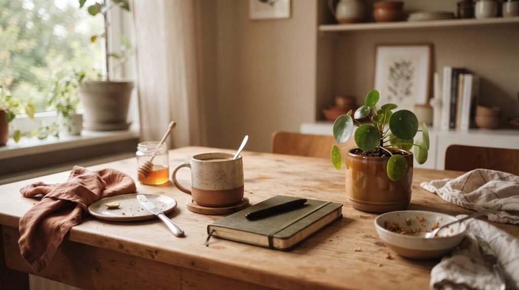 Mesa de café da manhã com xícara, um vaso de planta perto de uma janela