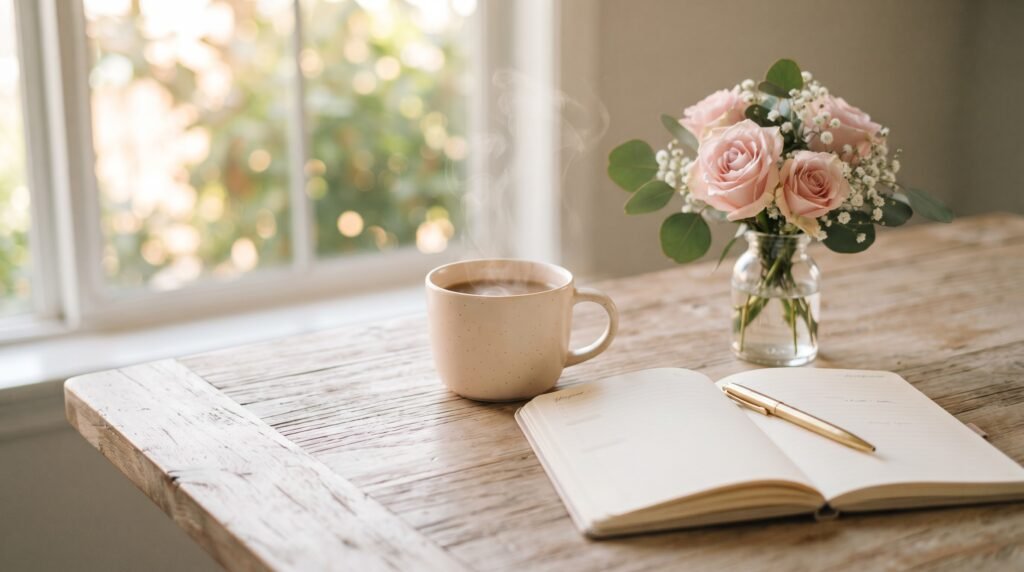 Uma xícara de chá encima de uma mesa com um vasinho de flores e um caderno aberto com uma caneta encima