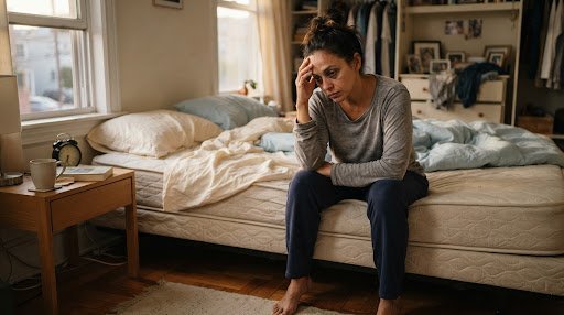 Mulher sentada na cama, com a mão na testa e a cama desarrumada