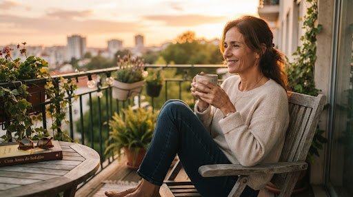Mulher sentada em uma cadeira, na varanda ,feliz e com uma xícara de café